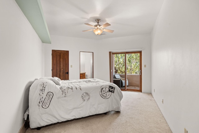 carpeted bedroom with a ceiling fan and access to outside