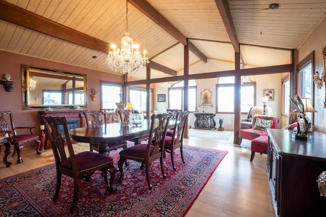 dining space featuring light wood-style flooring, vaulted ceiling with beams, wood ceiling, and a chandelier