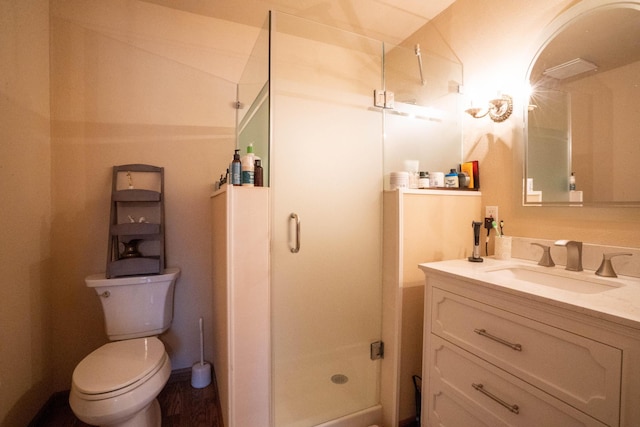 bathroom featuring vanity, a shower stall, and toilet