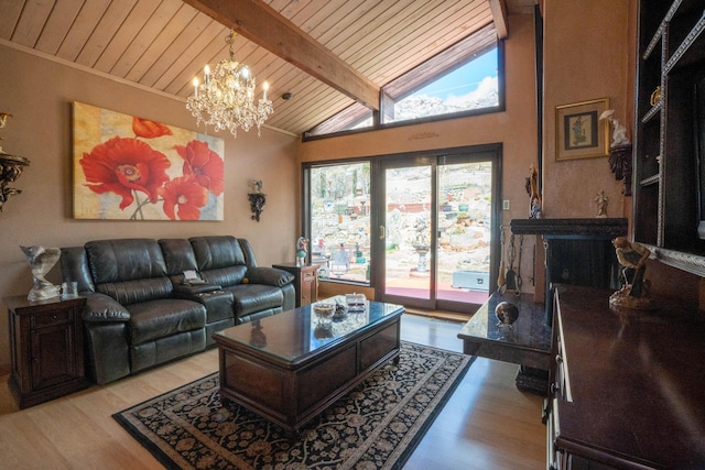 living room with high vaulted ceiling, beam ceiling, wooden ceiling, a notable chandelier, and light wood-type flooring