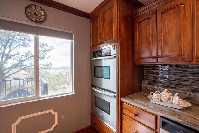 kitchen with dishwashing machine, stone counters, crown molding, double oven, and tasteful backsplash