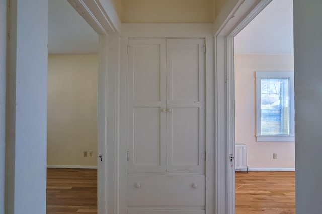 506 Onate Pl, Santa Fe, NM 87501 - hallway with light wood-style flooring, radiator heating unit, and baseboards