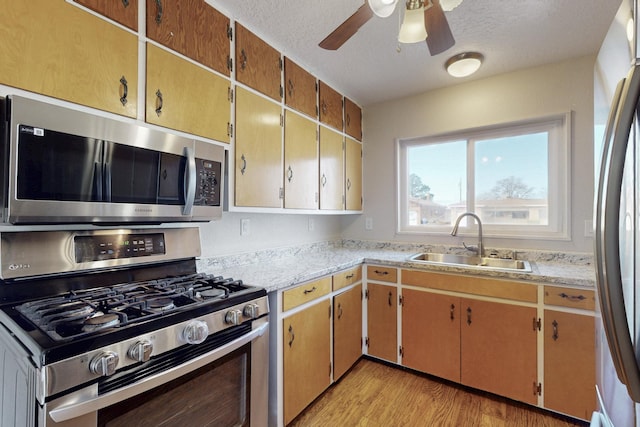 kitchen featuring light wood-style flooring, a sink, a textured ceiling, stainless steel appliances, and light countertops