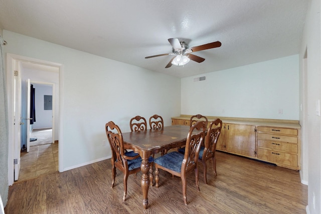 dining room with visible vents, a ceiling fan, electric panel, light wood-style floors, and baseboards