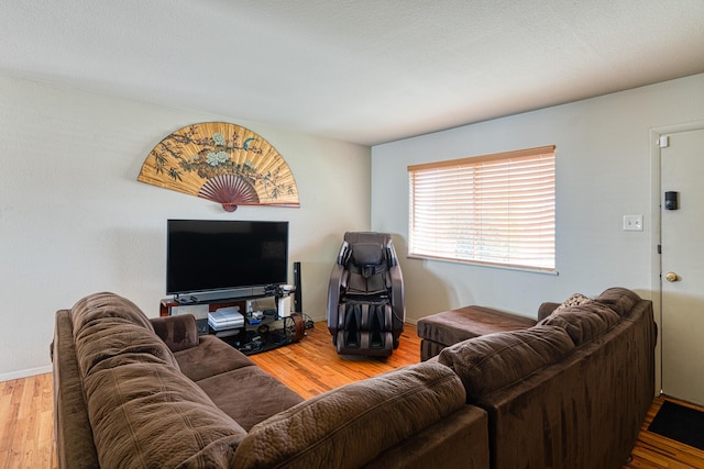 living area with baseboards and wood finished floors