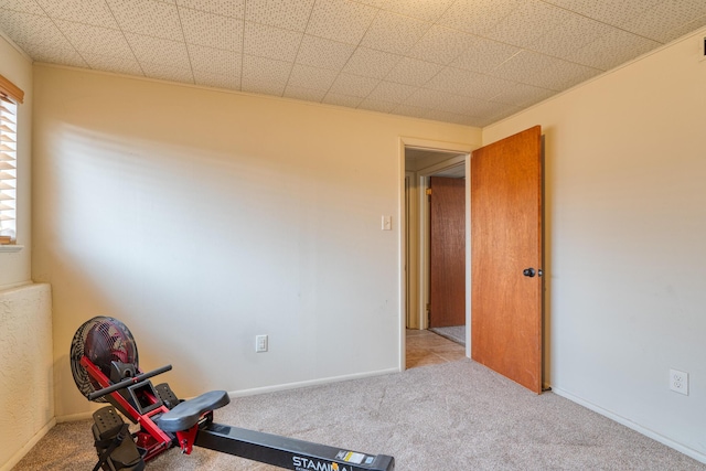 exercise area featuring baseboards and carpet flooring