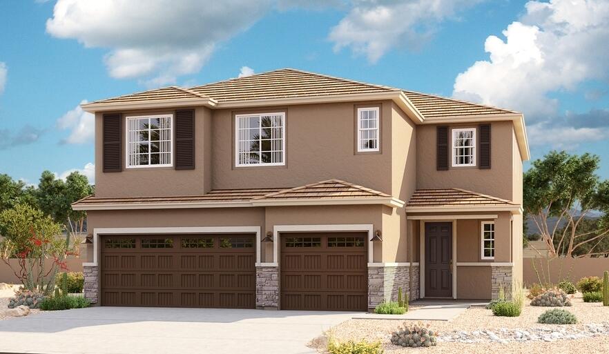 view of front of home featuring driveway, stucco siding, stone siding, and a garage