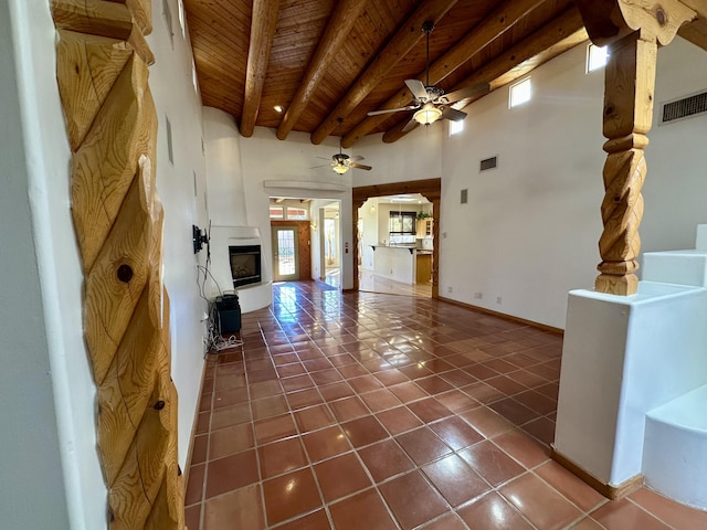 2638 Aloysia Ln NW, Albuquerque, NM 87104 - unfurnished living room with dark tile patterned flooring, wood ceiling, visible vents, and ceiling fan