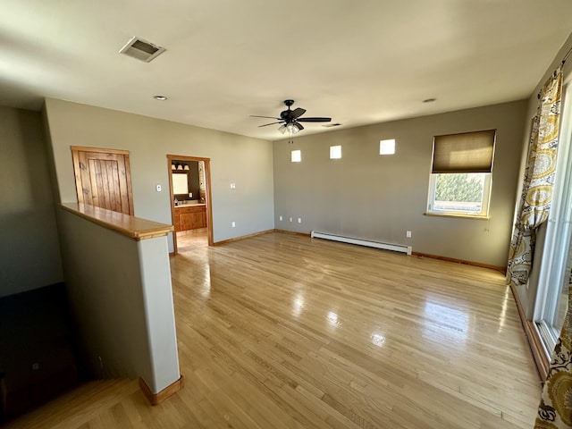 2638 Aloysia Ln NW, Albuquerque, NM 87104 - unfurnished room with a baseboard heating unit, visible vents, light wood-style flooring, and a ceiling fan