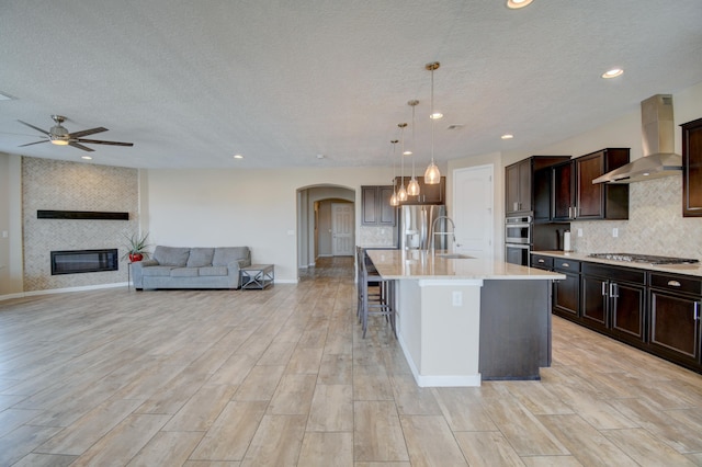 12136 Bear Valley Ln NW, Albuquerque, NM 87120 - kitchen featuring wall chimney exhaust hood, arched walkways, a ceiling fan, a sink, and appliances with stainless steel finishes