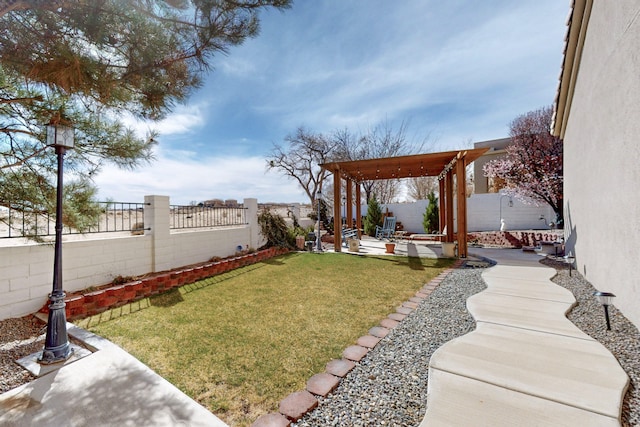 view of yard with a fenced backyard and a patio