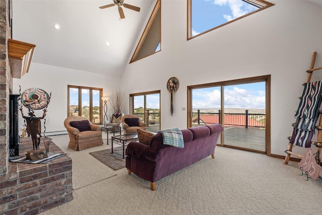 carpeted living area featuring baseboard heating, baseboards, recessed lighting, a ceiling fan, and high vaulted ceiling