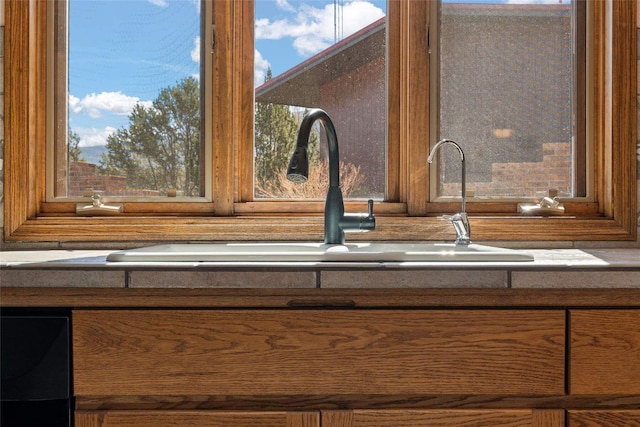 room details with brown cabinetry and a sink