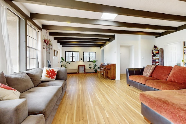 living area featuring light wood-style floors and beamed ceiling