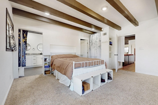 bedroom featuring beamed ceiling, light colored carpet, visible vents, recessed lighting, and baseboards
