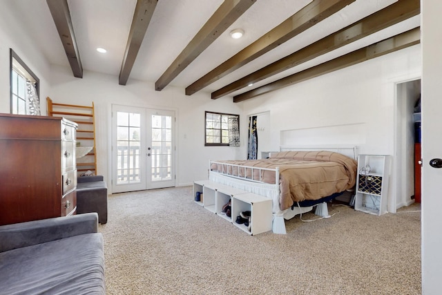 bedroom featuring carpet, french doors, access to exterior, and beamed ceiling