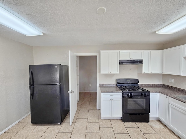 kitchen featuring white cabinets, under cabinet range hood, and black appliances