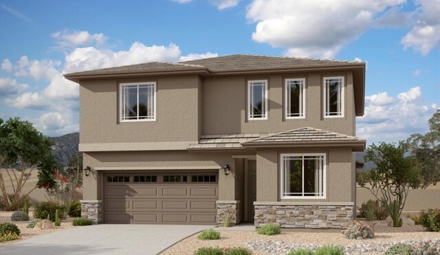 3133 Wolf Tail Loop NE, Rio Rancho, NM 87144 - view of front of home with stone siding, driveway, an attached garage, and stucco siding