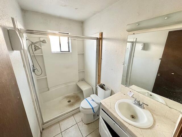 701 Houston Ave, Grants, NM 87020 - bathroom with vanity, toilet, a textured wall, tile patterned floors, and a stall shower