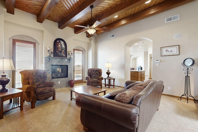 living room with ceiling fan, wooden ceiling, a fireplace, and visible vents