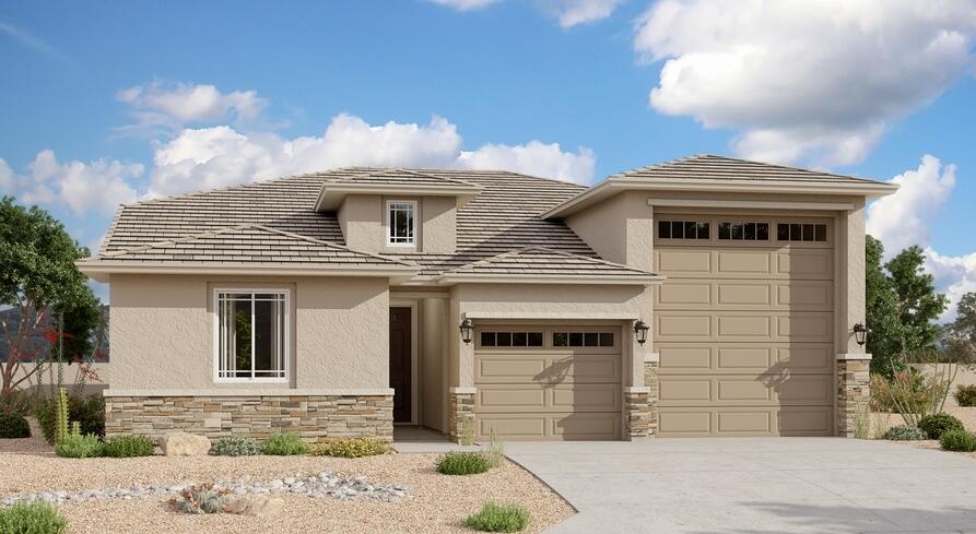 3141 Wolf Tail Loop NE, Rio Rancho, NM 87144 - prairie-style home with stucco siding, stone siding, concrete driveway, and an attached garage