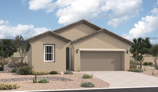 ranch-style home featuring stucco siding, concrete driveway, and a garage