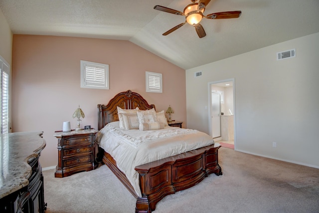 10916 Calandrias St NW, Albuquerque, NM 87114 - carpeted bedroom with baseboards, ensuite bathroom, vaulted ceiling, and visible vents