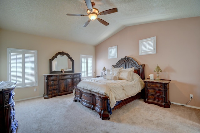 10916 Calandrias St NW, Albuquerque, NM 87114 - carpeted bedroom with baseboards, lofted ceiling, a ceiling fan, and a textured ceiling