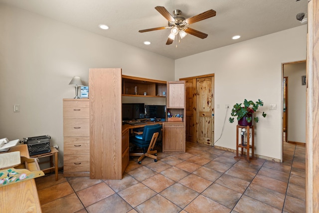 office area featuring ceiling fan and recessed lighting