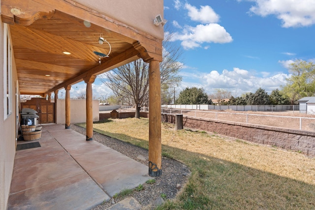 view of yard with a fenced backyard and a patio