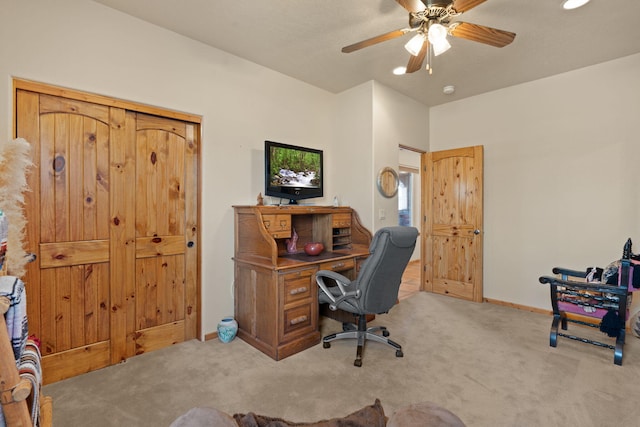 carpeted office featuring baseboards, a ceiling fan, and recessed lighting