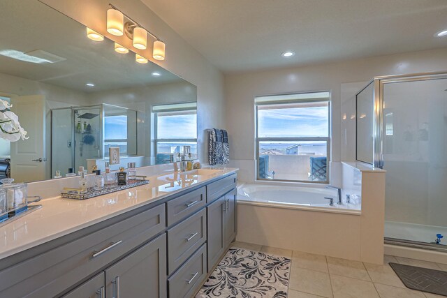 8717 Sevano Cir NE, Albuquerque, NM 87113 - full bathroom with a stall shower, tile patterned flooring, and vanity