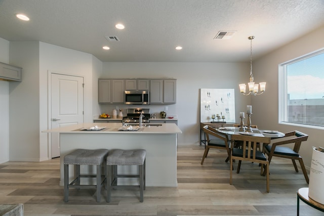 9620 Sage Ranch Ct SW, Albuquerque, NM 87121 - kitchen featuring gray cabinetry, stainless steel appliances, light wood-type flooring, light countertops, and a chandelier