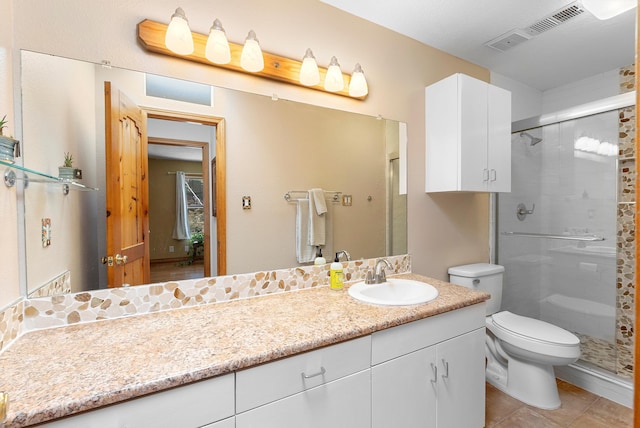 1125 Marigold Dr NE, Albuquerque, NM 87122 - full bath with tile patterned flooring, a shower stall, toilet, vanity, and visible vents