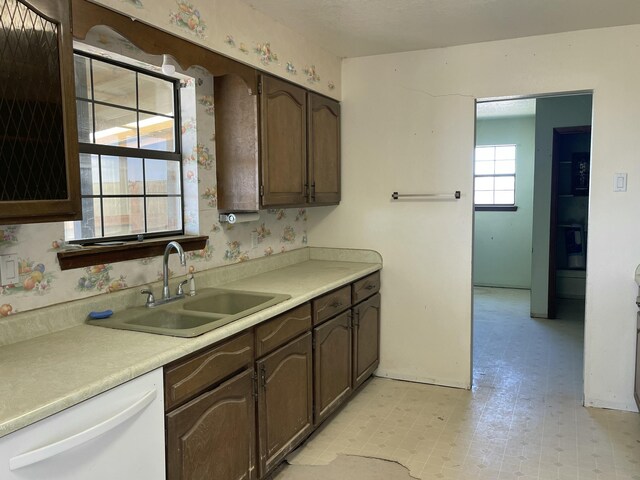 kitchen featuring dark brown cabinetry, light countertops, a sink, and dishwasher
