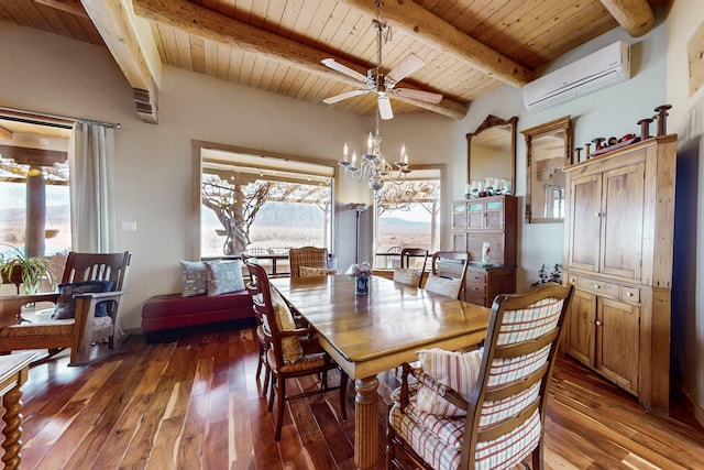 2544 Sandia Loop NE, Rio Rancho, NM 87144 - dining space with an AC wall unit, wood ceiling, beam ceiling, and hardwood / wood-style flooring
