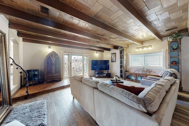 living area featuring beam ceiling, a wealth of natural light, and wood ceiling