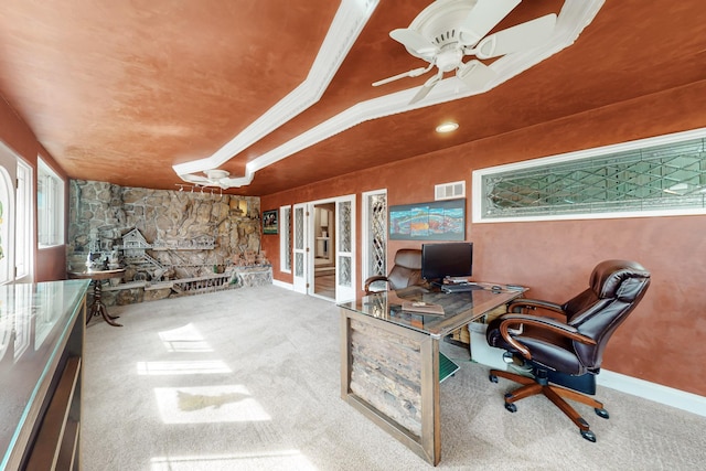 home office featuring visible vents, carpet flooring, and a ceiling fan