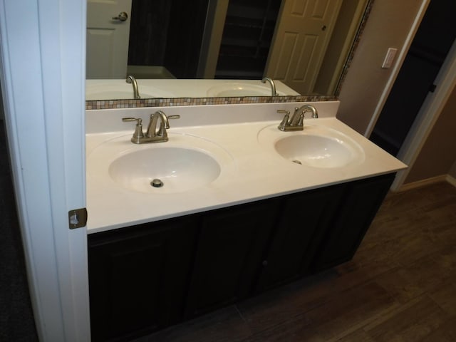 bathroom with wood finished floors, a sink, and double vanity