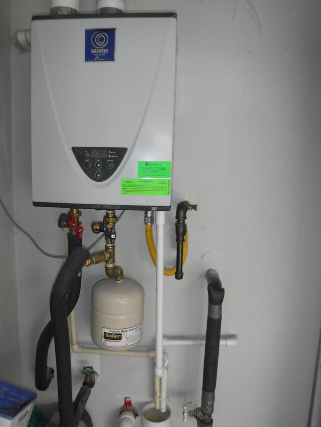 utility room with tankless water heater