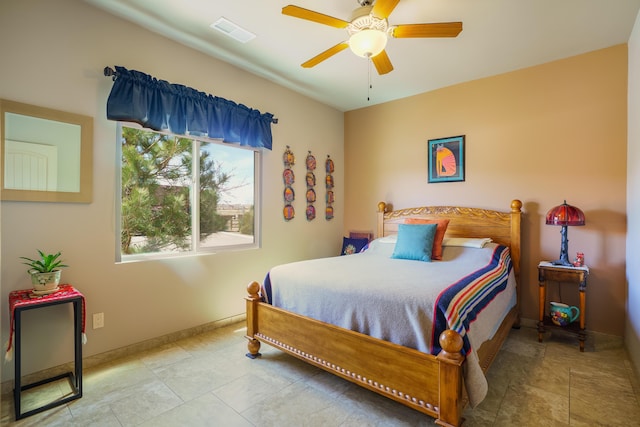 bedroom featuring ceiling fan, baseboards, and visible vents
