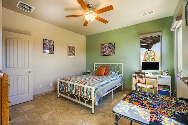 bedroom with visible vents and a ceiling fan