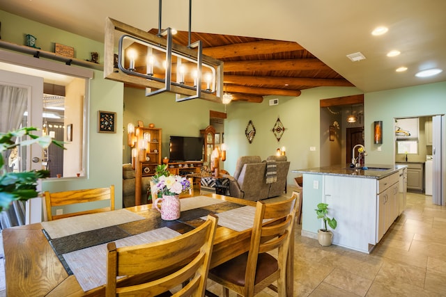 dining room featuring recessed lighting, visible vents, wood ceiling, and beamed ceiling
