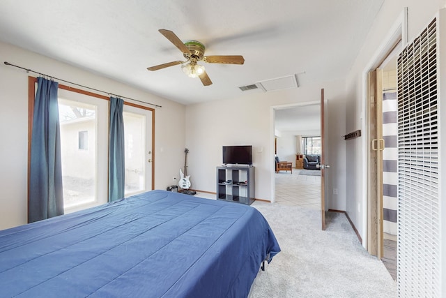 5208 Simon Dr NW, Albuquerque, NM 87114 - bedroom with visible vents, a heating unit, attic access, ceiling fan, and carpet