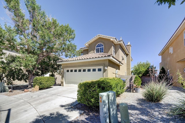 4844 Stafford Pl NW, Albuquerque, NM 87120 - view of front facade featuring a chimney, an attached garage, concrete driveway, a tile roof, and stucco siding