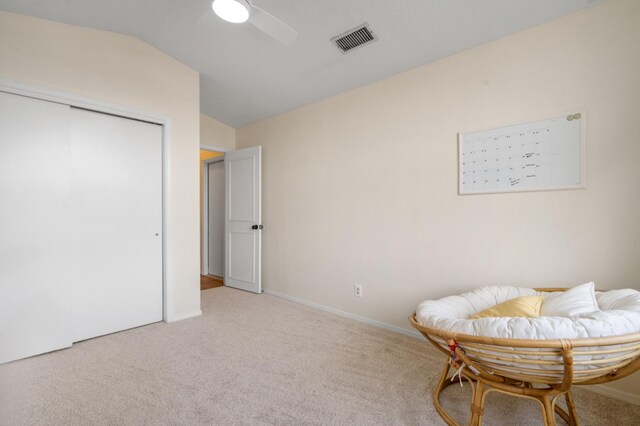6624 Conrad Ave NW, Albuquerque, NM 87120 - living area with a ceiling fan, carpet floors, baseboards, lofted ceiling, and visible vents
