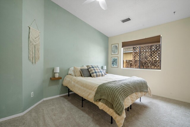 6624 Conrad Ave NW, Albuquerque, NM 87120 - carpeted bedroom with baseboards, vaulted ceiling, visible vents, and ceiling fan