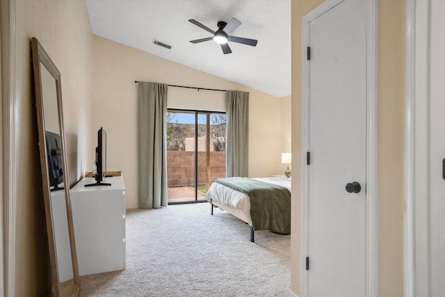 6624 Conrad Ave NW, Albuquerque, NM 87120 - bedroom with a ceiling fan, light colored carpet, lofted ceiling, access to exterior, and visible vents