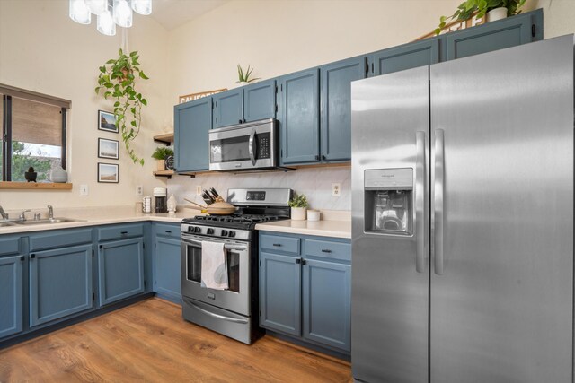 6624 Conrad Ave NW, Albuquerque, NM 87120 - kitchen with blue cabinets, stainless steel appliances, light countertops, and a sink