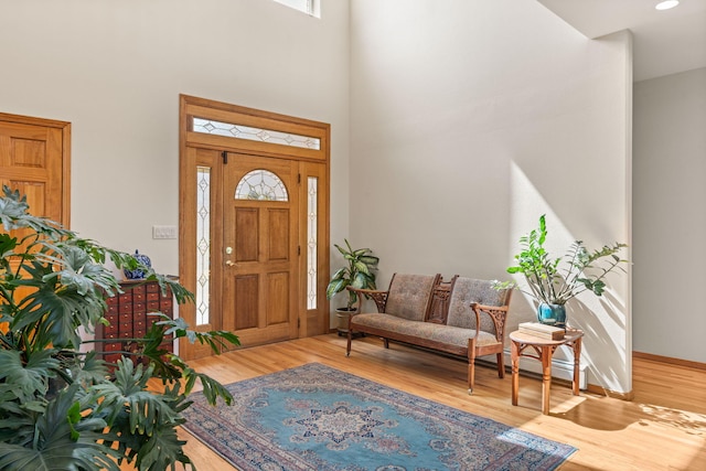 entryway featuring wood finished floors, a towering ceiling, and baseboards